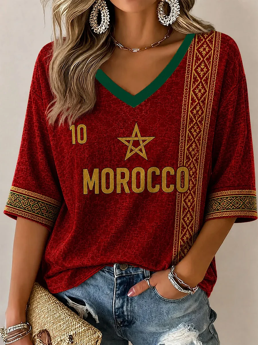 Women’s Morocco Football Printed Casual T-Shirt Football Cultural T-Shirt