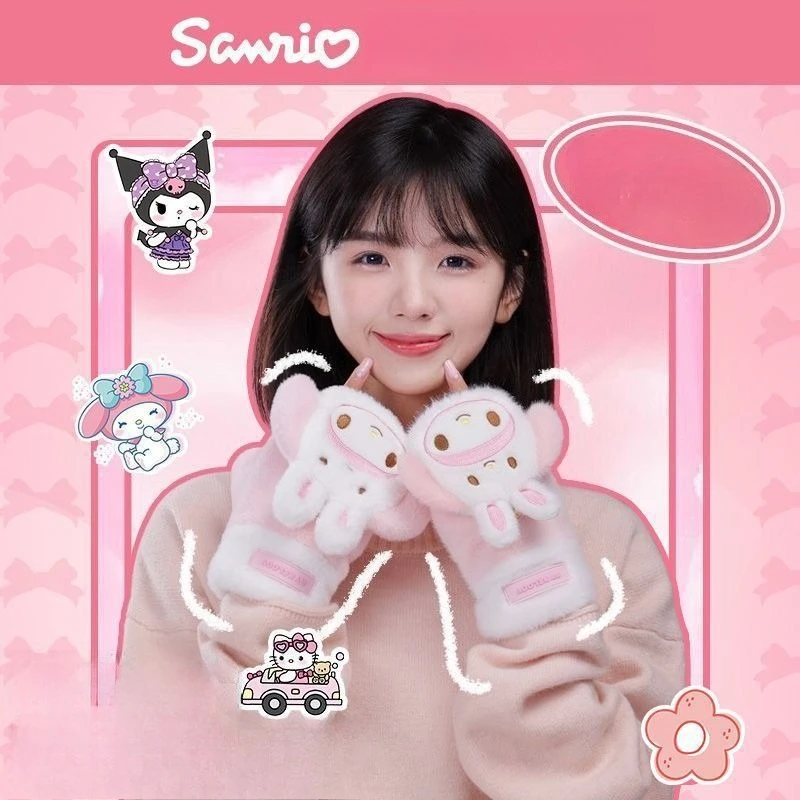 Miniso Sanrio autentico inverno caldo e freddo Melody simpatici guanti in peluche spessi con mezze dita per donna in inverno