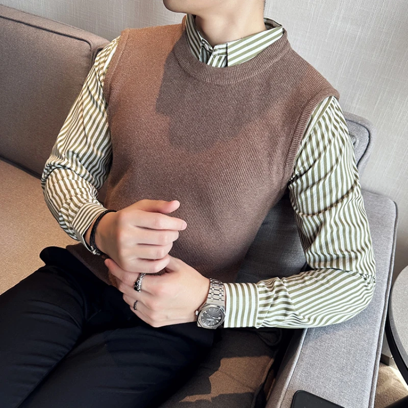 

Brand Clothing Men Autumn Pullover/Male Slim Fashion Shirt Collar Knitted Sweaters Fake 2 Pieces Striped Shirt Patchwork Sweater