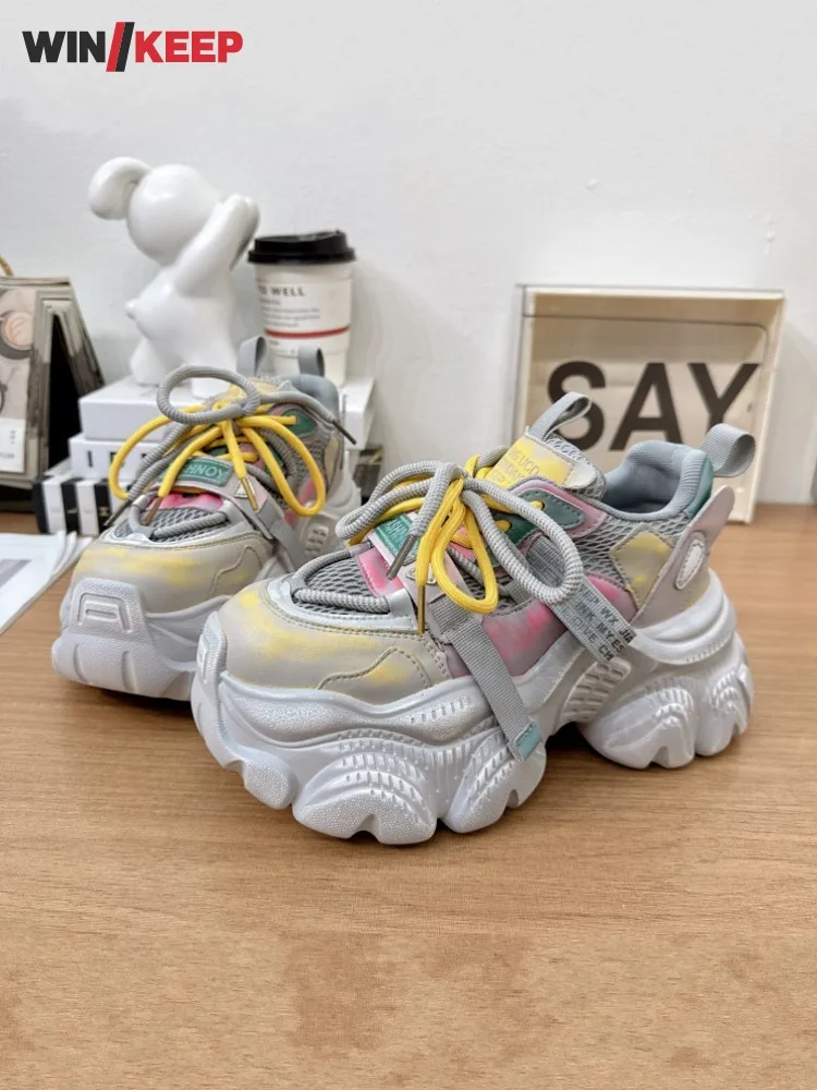 Women Mixed Color Patchwork Mesh Breathable Sneakers Thick Platform Sport Shoes Lace Up Ladies Height Increase Running Trainers
