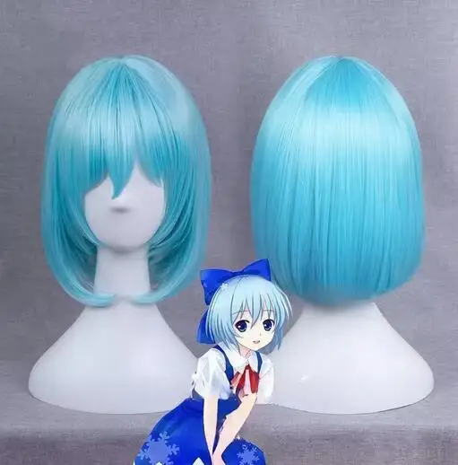 TouHou Project Cirno Cosplay Blue Wig Short Curly Heat Resistant Synthetic Hair for Women Costume Gift