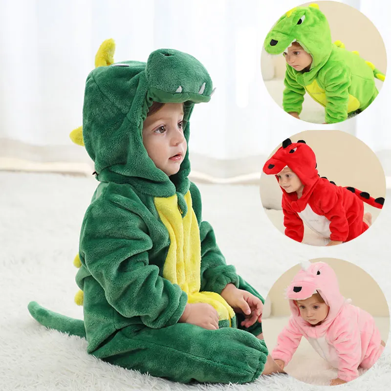 Green Dinosaur Baby Boy Jumpsuits Kids Overalls Girl Onesies Winter Warm Hooded Baby Rompers Newborn Clothes Halloween Costume