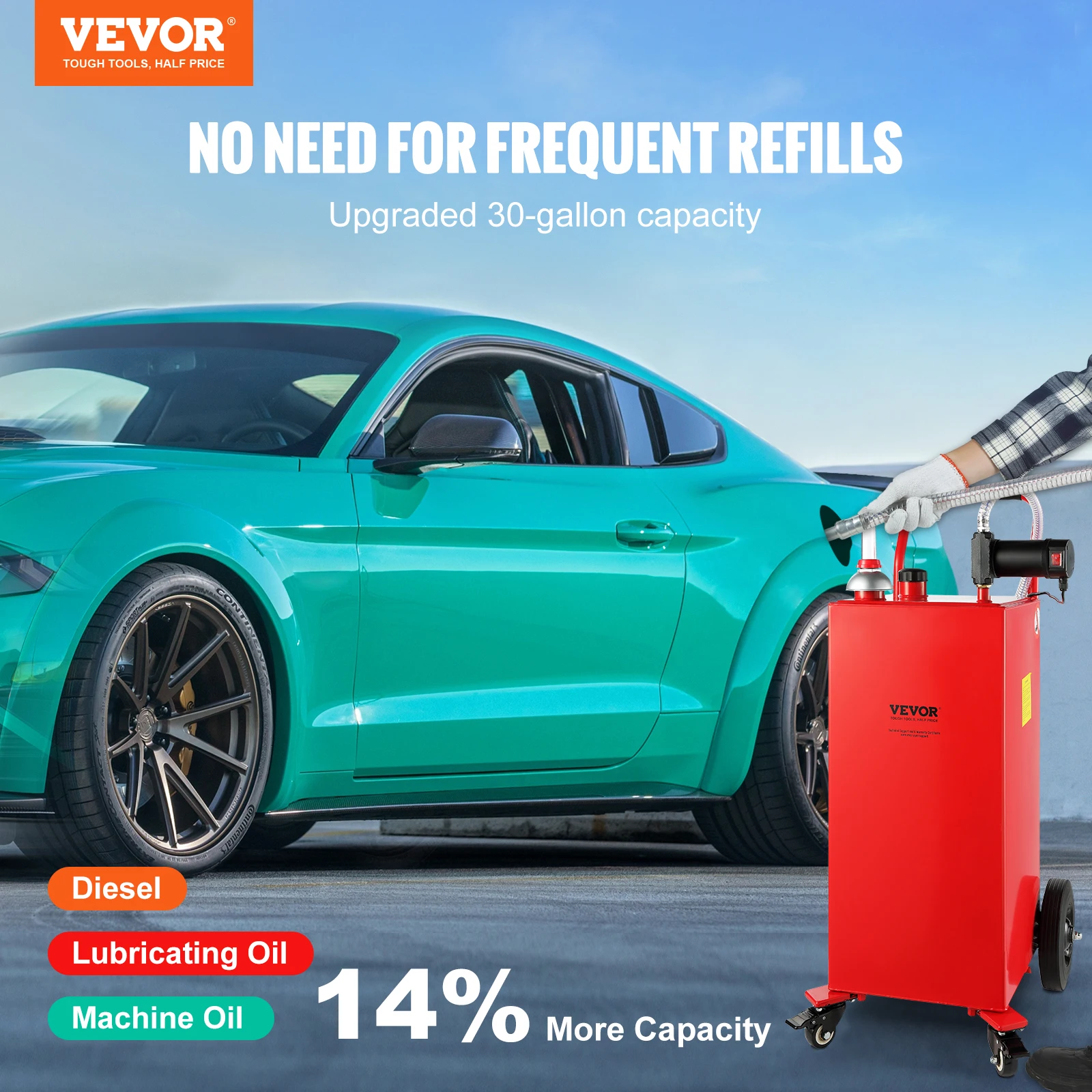 VEVOR 30 Gallon Portable Fuel Tanks Petrol Cans Spare Caddy Container Gasoline Canister with Pump Wheels for Car Motorcycle Boat