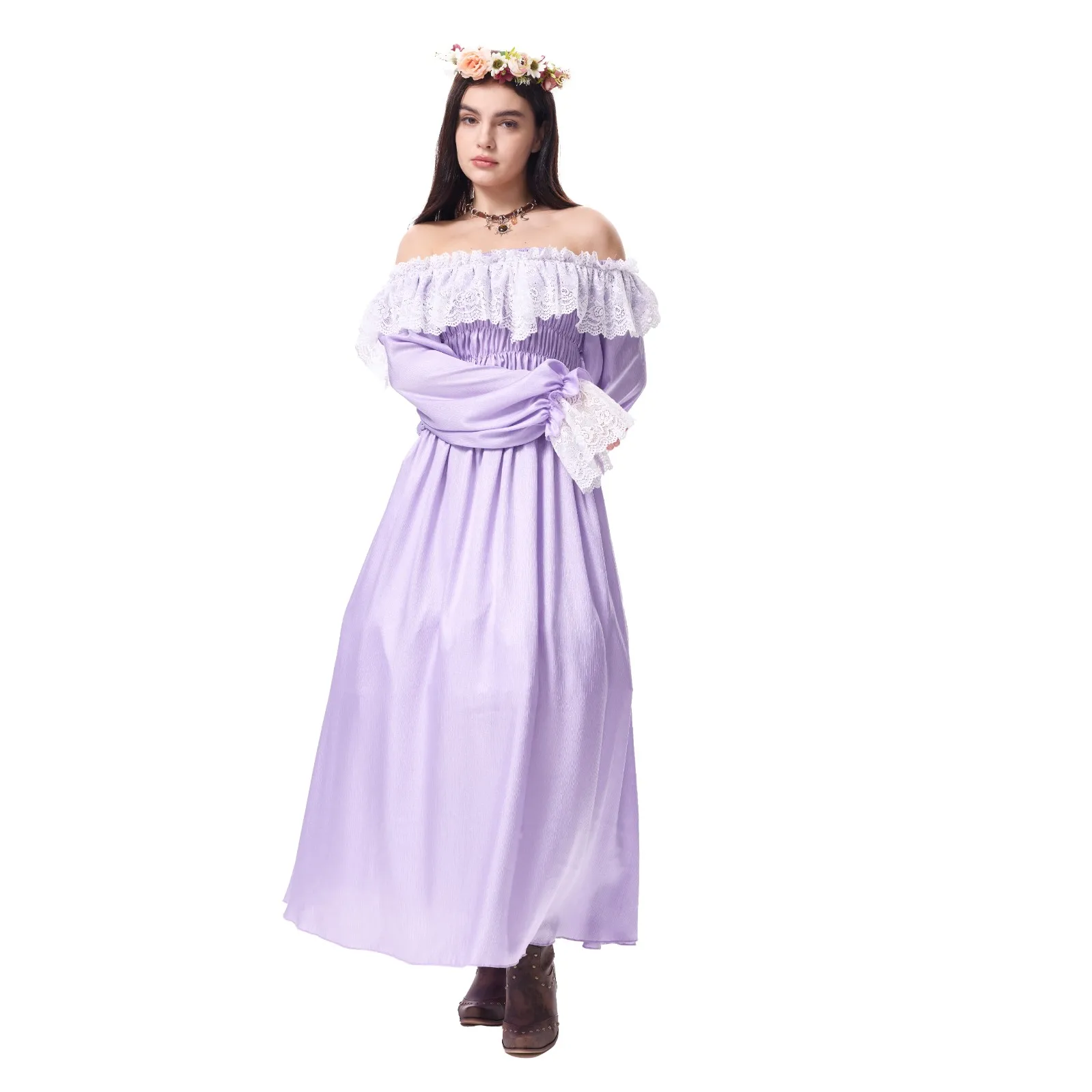 

Womens Medieval Theme Costume Masquerade Princess Costume Women Vintage Elastic Waist Lace Dress Cosplay Props Set