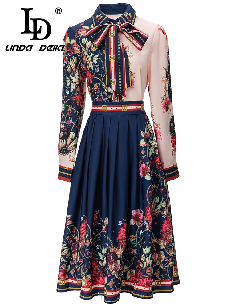 LD LINDA DELLA 2023 Autumn and winter Fashion Designer Set Women's Bow Single-breasted Print Top+ Crumple Skirts 2 Pieces Set