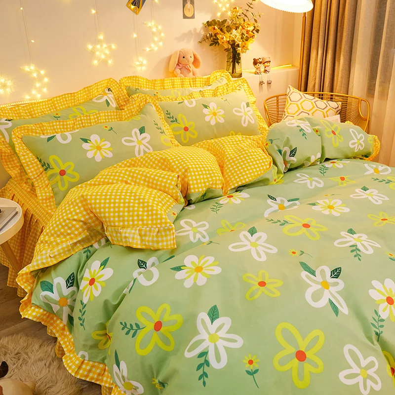 Botanical Floral Duvet Cover with Ruffle Lace Pastoral Style Flowers Comforter Cover 3 Piece Microfiber Reversible Bedding Set