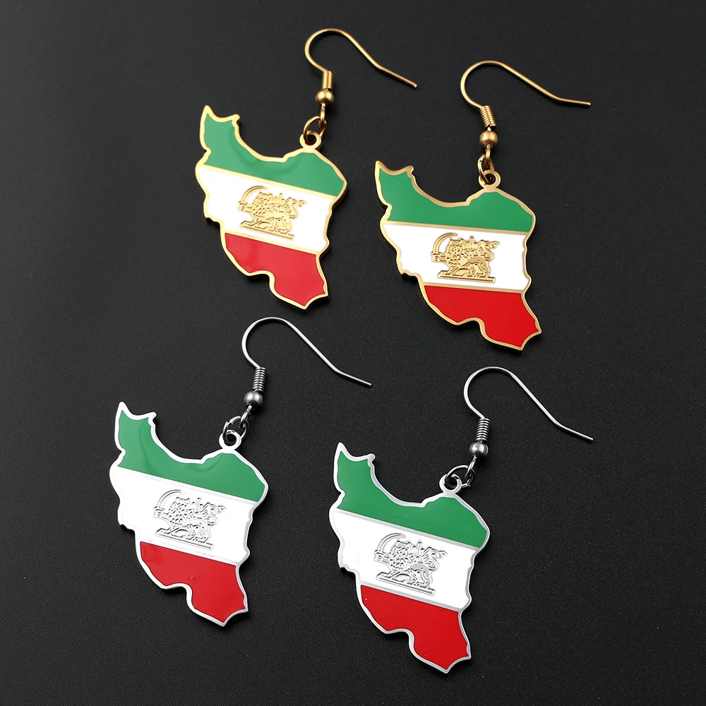 Iran Map Flag Drop Earrings for Women Men Stainless Steel Gold Color Iranian Lion of Persia Shamshir Dangle Earring Jewelry