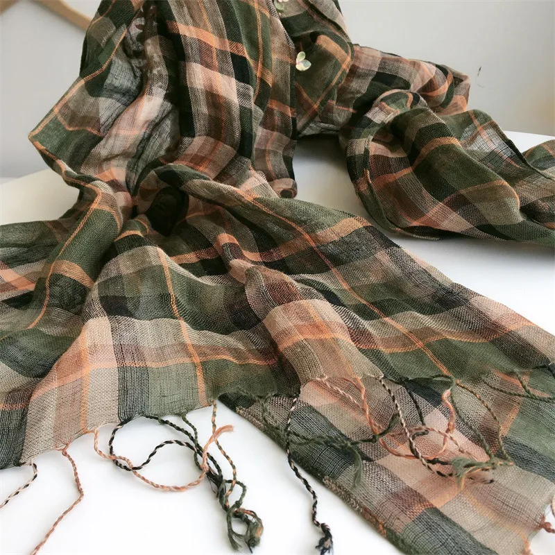 New Pure Linen Plaid Scarf Women Breathable Shawl Scarves