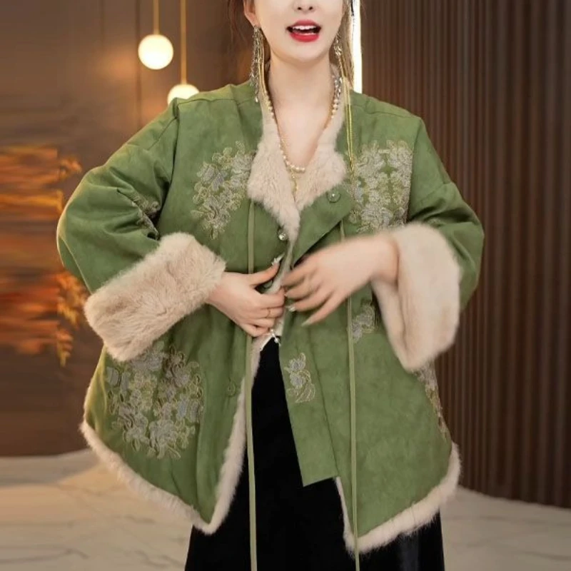 

Winter Fall Women Thick Warm Vintage Embroidery Fur Patchwork Green Coat Jacket , Woman Clothes Chinese Style Coats