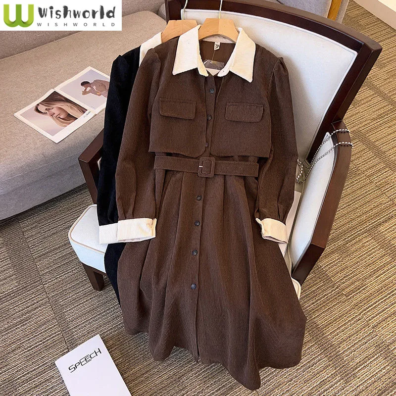 

Corduroy Contrasting Color Dress for Spring and Autumn New Korean Version Hepburn Style Waist Cinching Slimming Dress