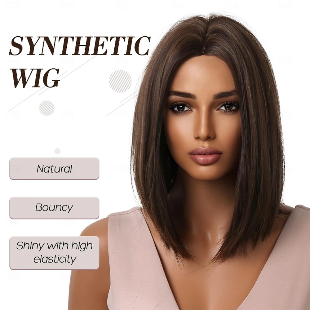 HAIRJOY  Synthetic Hair Wig Bob Wigs for Women Brown  Wig with Highlights,Short Straight Bob Wig  Middle Part  Wigs image 3