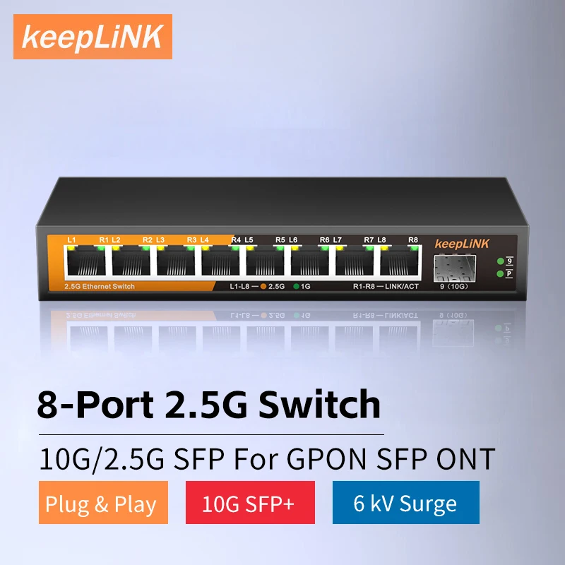 KeepLiNK 8-portowa sieć Ethernet 2,5 Gb/s z niezarządzanym Plug and Play 1–10 Gb SFP+