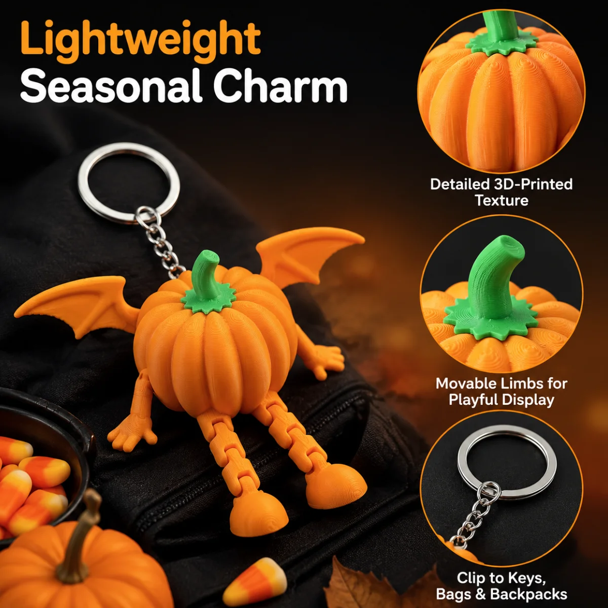 1Pc Halloween Pumpkin Keyring, 3D Printed Biodegradable PLA Orange Bat Wing Toy, Movable Joint Decorative Bag Pendant Ornament