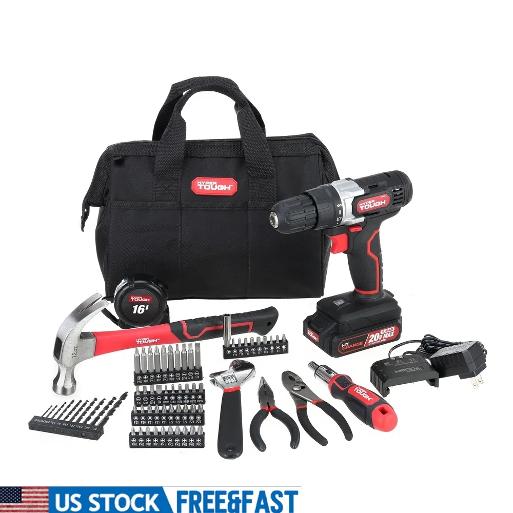 20V Cordless Drill 70 Piece Tool Set Lithium-Ion Battery Charger Keyless Chuck LED Light Storage Bag Magnetic Bit Holder