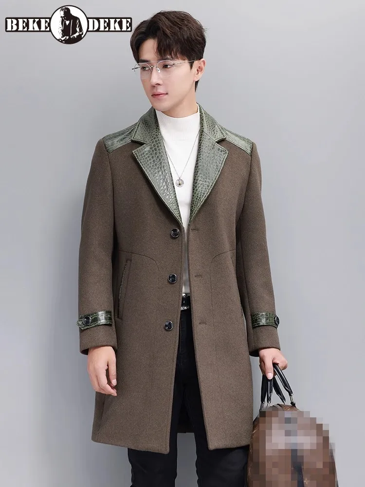 Autumn Winter Men Business Casual Wool Coat Spliced Sheepskin Collar Slim Fit Single Breasted Fashion Medium Long Trench Jacket