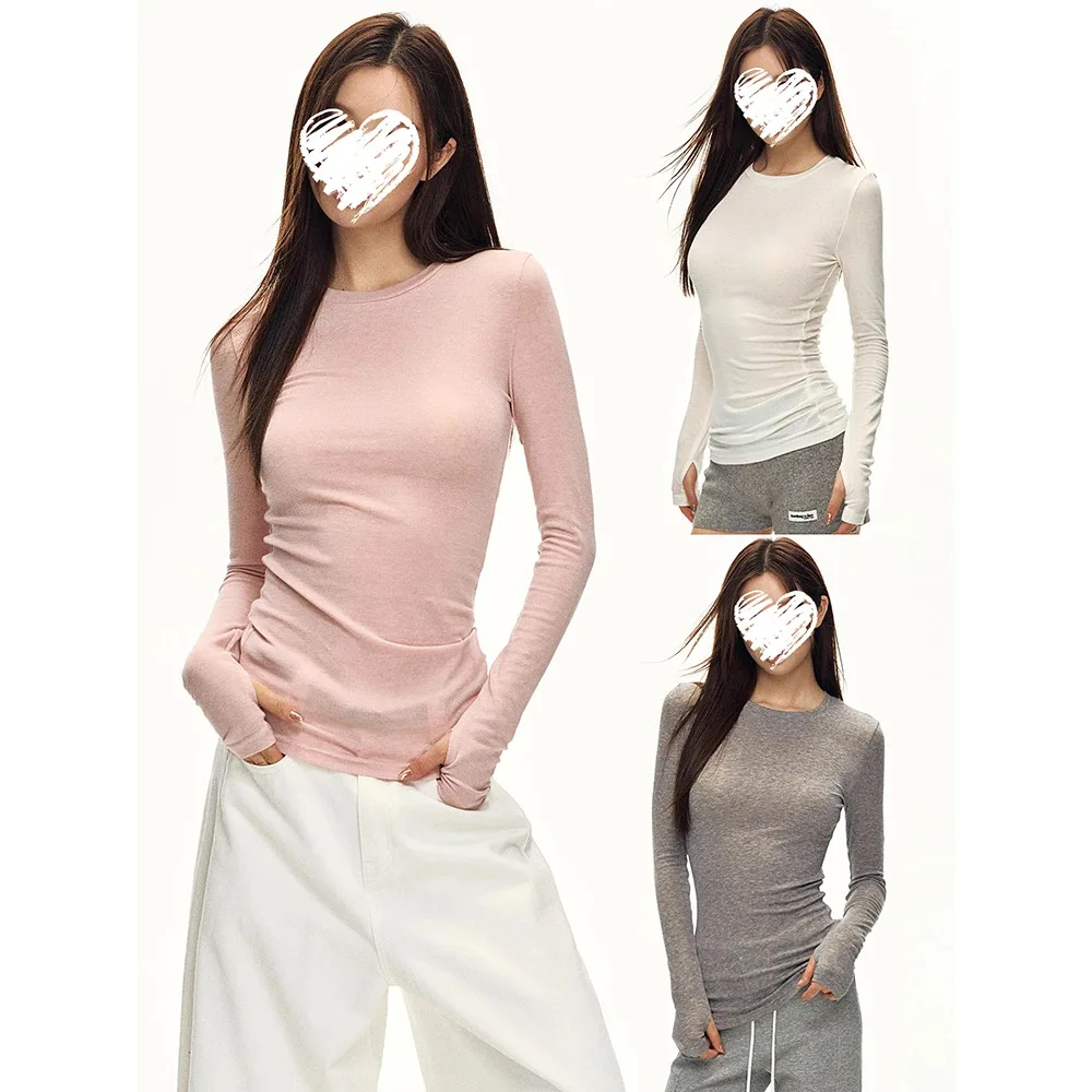 

Autumn Winter Round Neck Long Sleeve T-Shirt For Women Slim Fit Inner Wear Slimming Base Shirt American