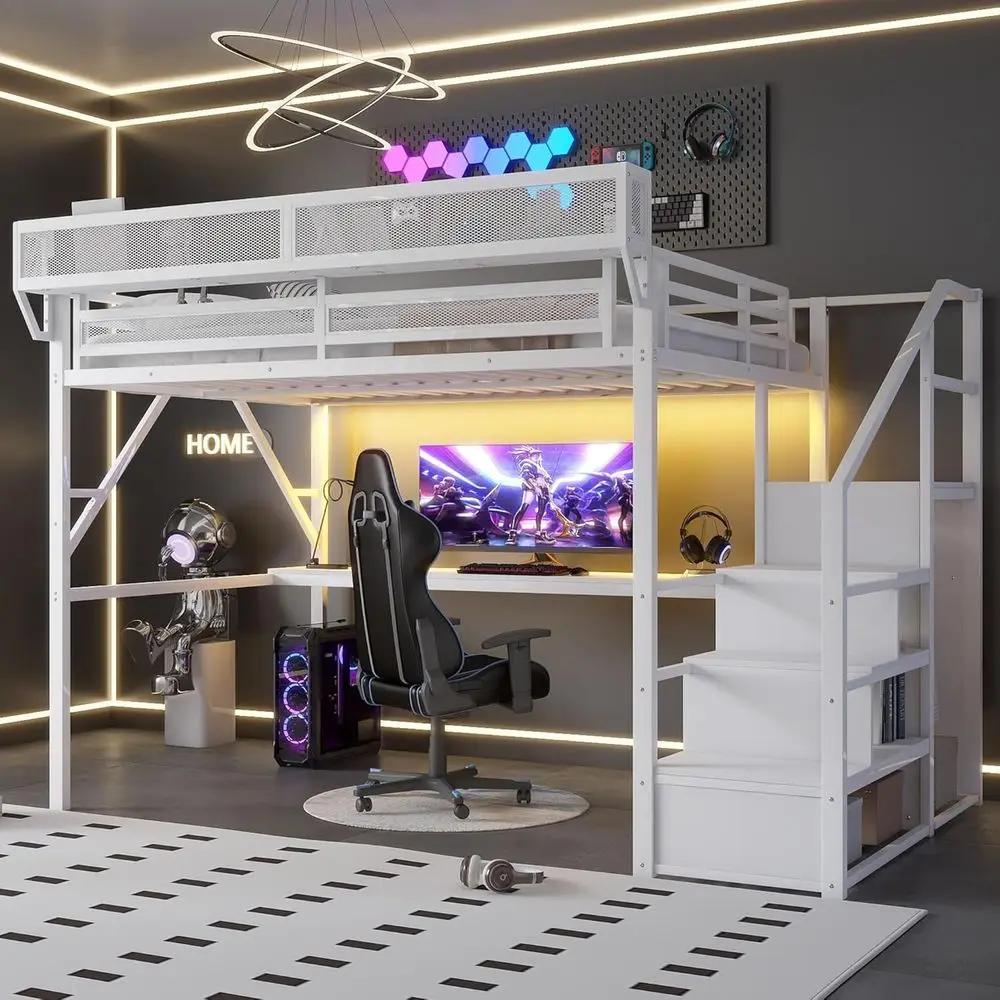 

Queen Size Metal Loft Bed with Desk, Stairs, Charging Station, and RGB Lighting