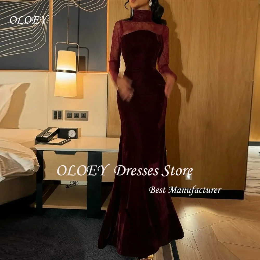 

OLOEY Customized Burgundy Elegant Prom Gown Saudi Women Lace High-Neck Long Sleeves Party Evening Dress Formal Occasion Dresses
