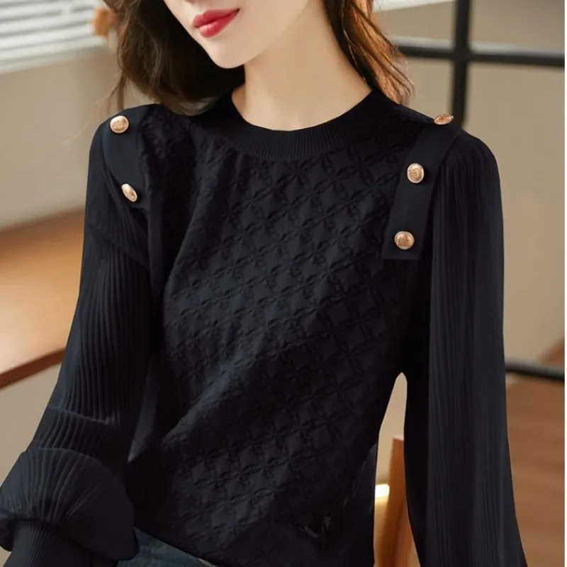 2023 Autumn and Winter Pullover Round Neck Patchwork Button Lace Solid Underlay Fashion Casual Elegant Commuter Long Sleeve Tops