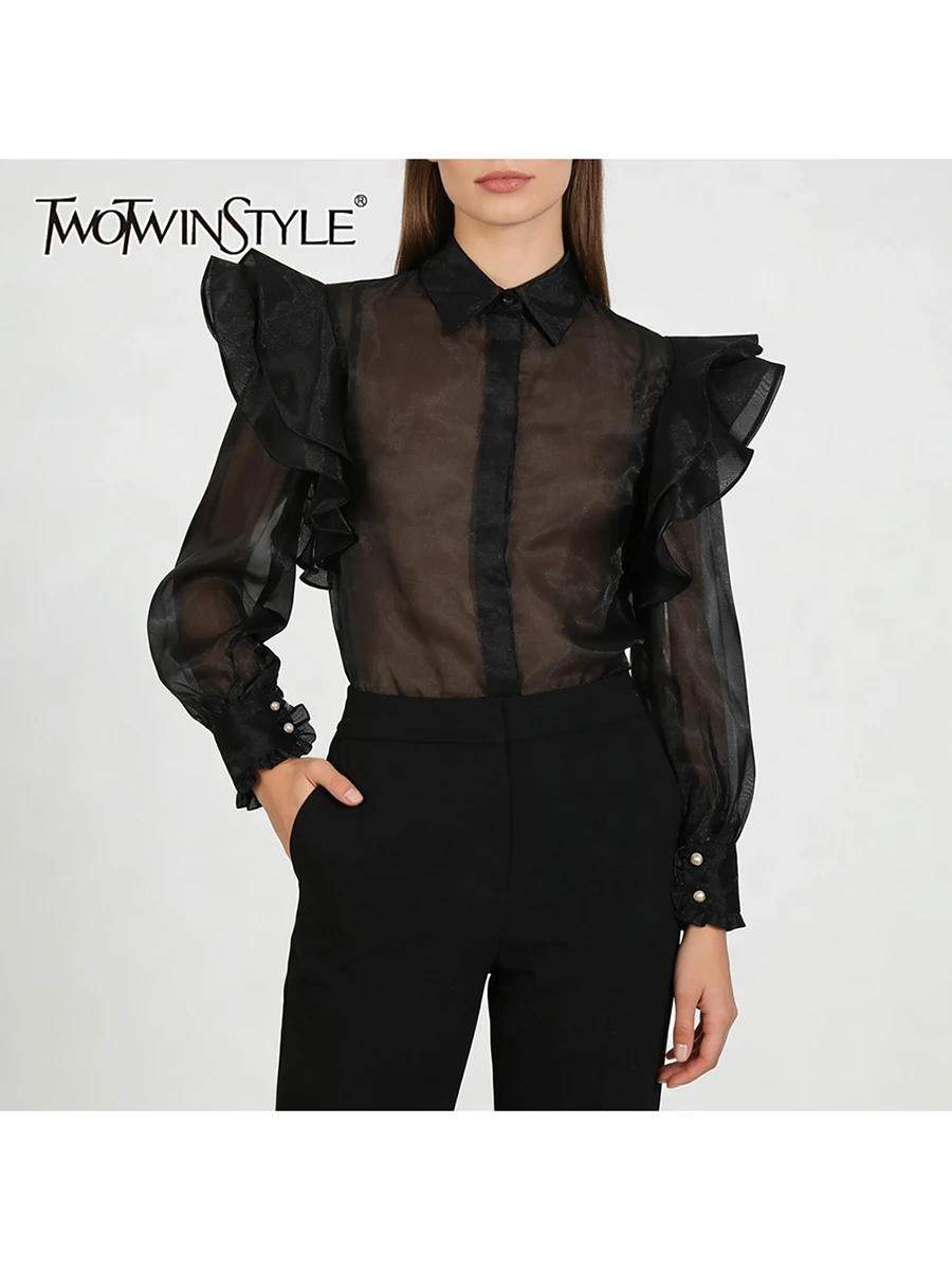 TWOTWINSTYLE Solid Sheer Spliced Bowknot Elegant Shirt for Women Stand Neck Long Sleeves Patchwork Ruffles Shirts Female Fashion
