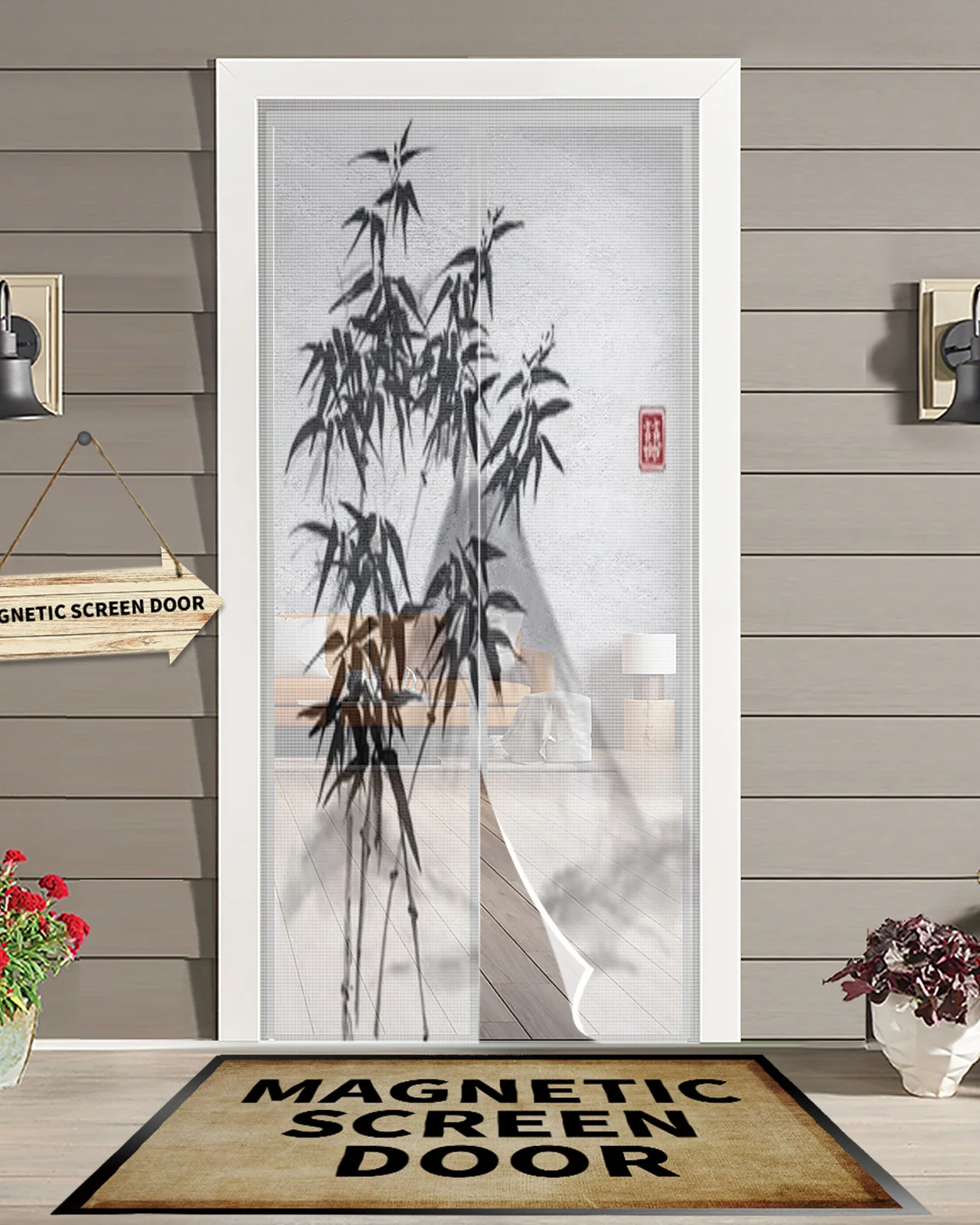 Bamboo Trees And Mountains Hand Drawn With Ink Summer Magnetic Mosquito Net Anti Insect Fly Bug Magnetic Screen Door Curtains