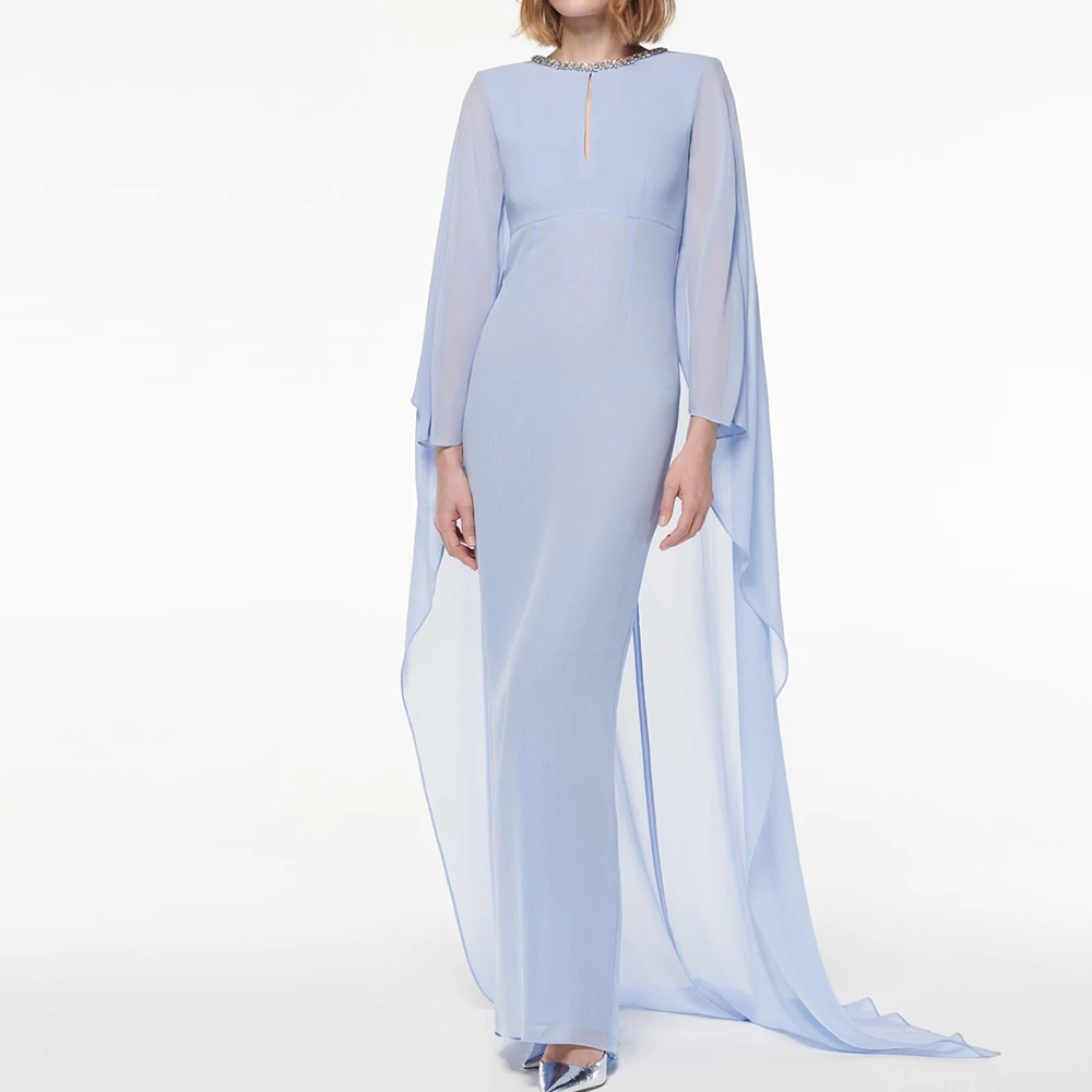 

Customized Classic Straight Floor Length Crew neck Jersey Long Sleeves Crystal Evening Dress Elegant vestidos para mujer