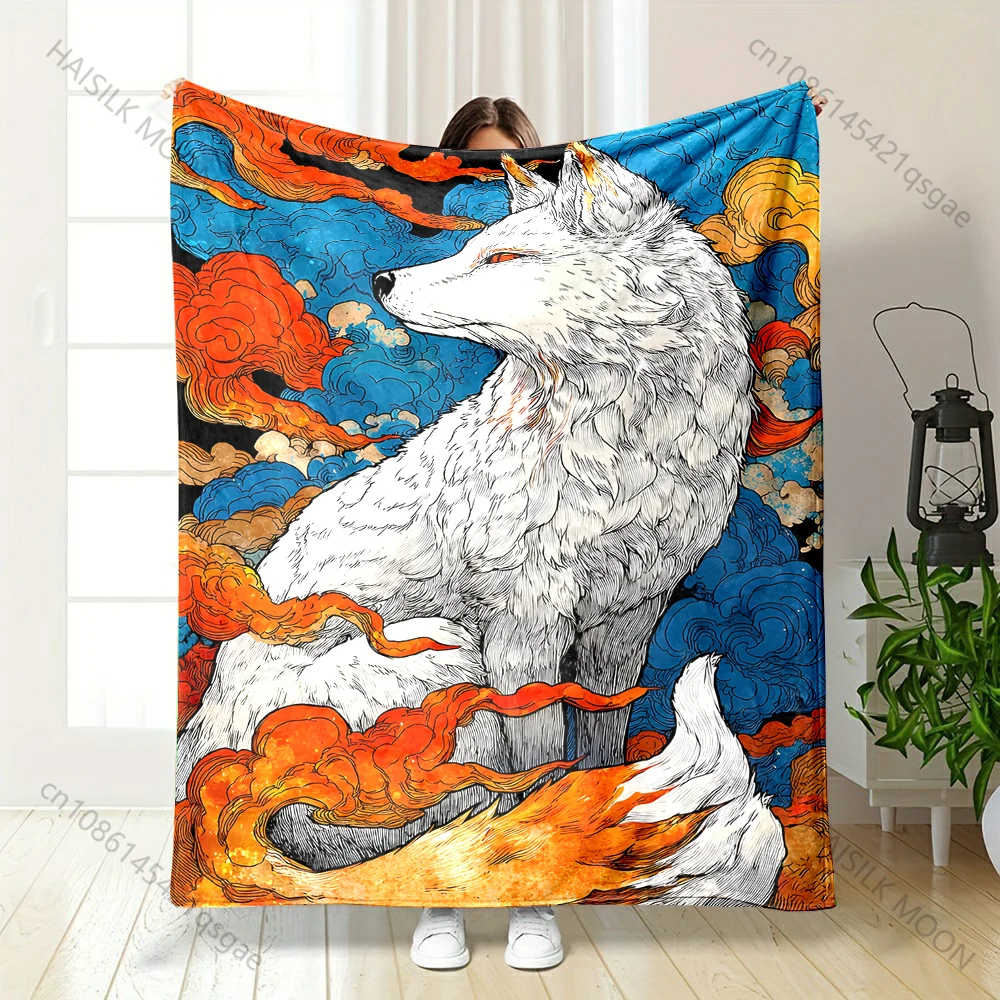 White fox fiery clouds fantasy art Print Blanket Warm Soft Fluffy Kids Adult Sofa Bed Throw Blanket Outdoor Travel Camping RV