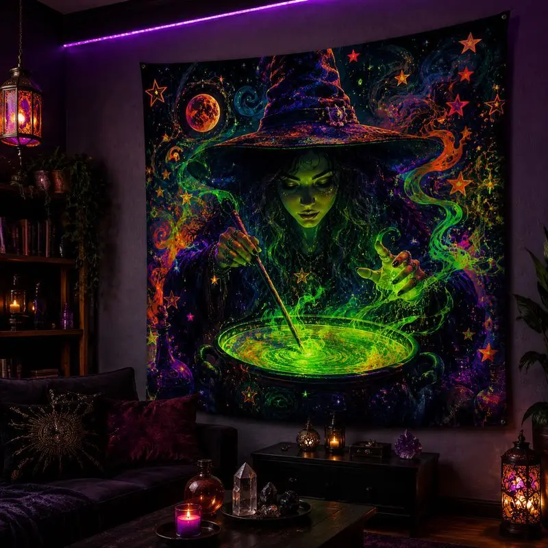 VIKAMA Halloween Witch Moon Fluorescent Tapestry psychedelic Galaxy Wall Hanging Bedroom Party Dormitory Atmosphere Home Decor
