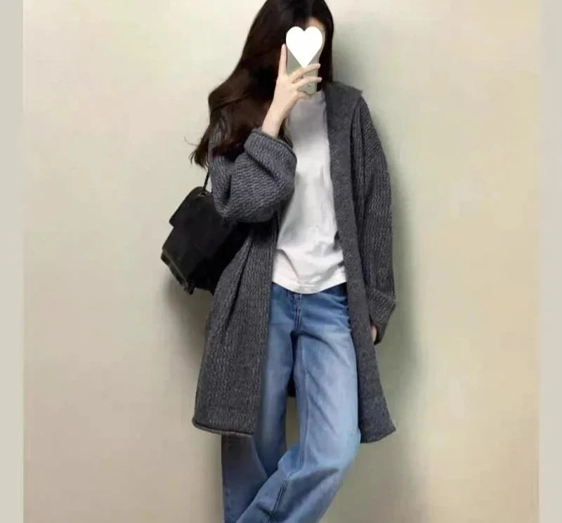 

Высококачественная вязаная куртка в ленивом стиле, вязаный кардиган средней длины с капюшоном в корейском стиле, женская осенне-зимняя утолщенная свободная верхняя одежда
