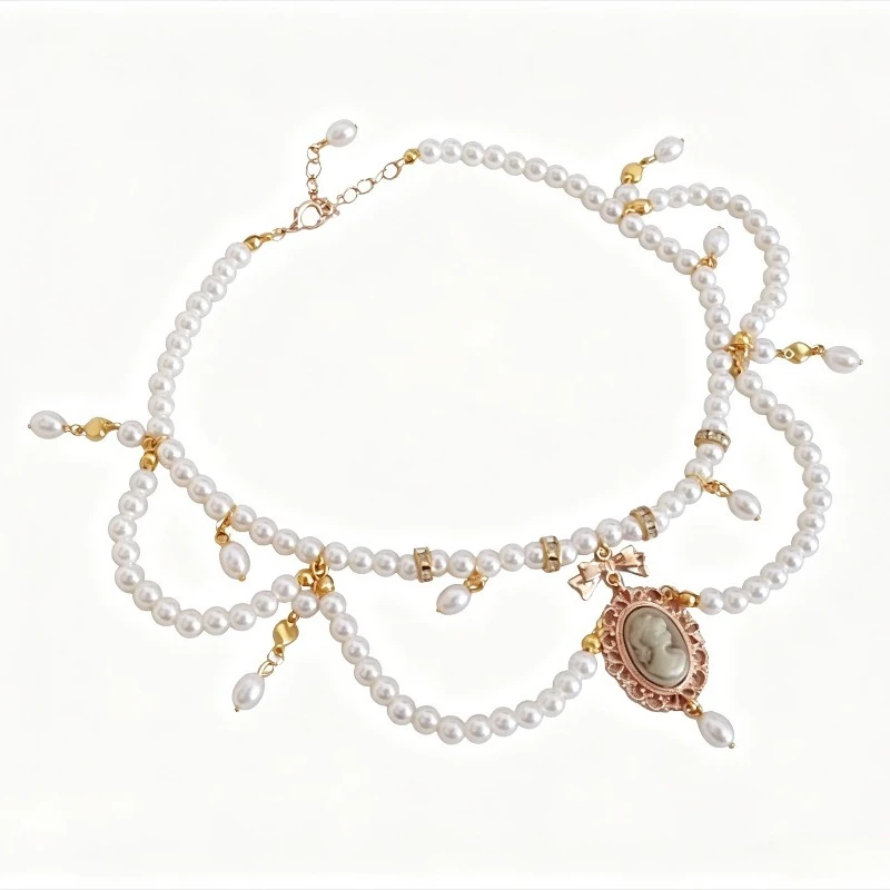 Vintage Baroque Layered White Pearl Choker Original Handmade Lolita Necklace Elegant Tea Party Pendant Jewelry Gifts for Womne