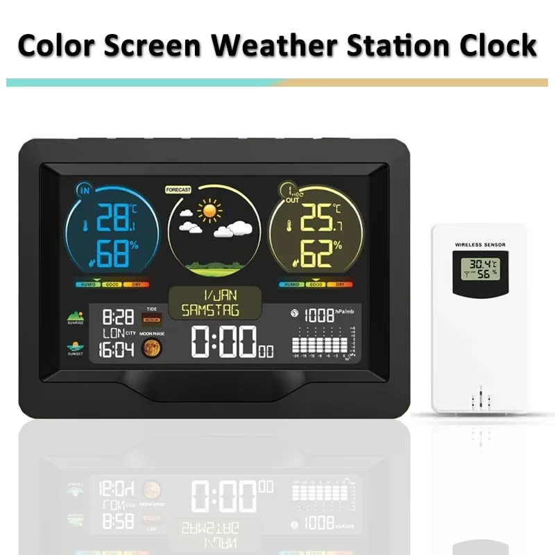 Smart Weather Station Clock Large Color Screen Indoor Outdoor Temperature Humidity Meter Weather Clock Brightness Adjustable