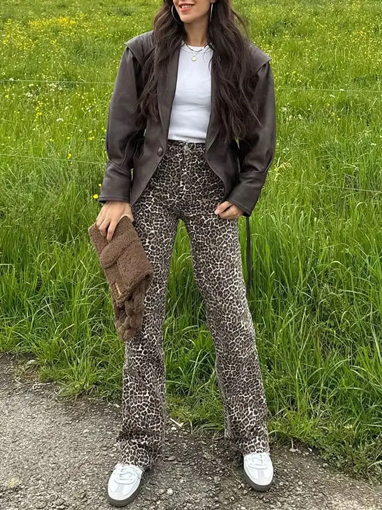 HH 2024 Female Summer Vintage Straight Pants Chic Street Bottoms High Waist Leopard Print Zipper Fly Wide Leg Trousers