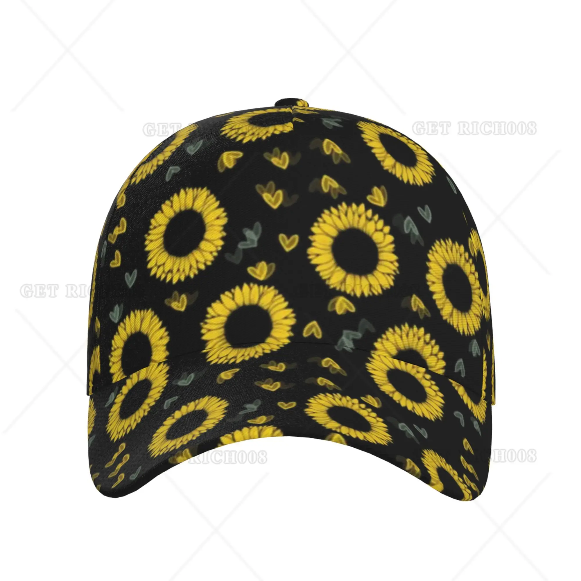 Sunflowers Hearts Yellow and Black Baseball Cap Print Men Women Adjustable Hat Travel Outdoor One Size