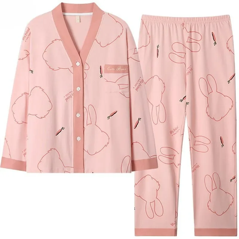 100% Cotton Pajamas Spring Autumn Women Long Sleeve Cardigan Simple Fashion Homewear Suit Female Large Size V-neck Sleepwear