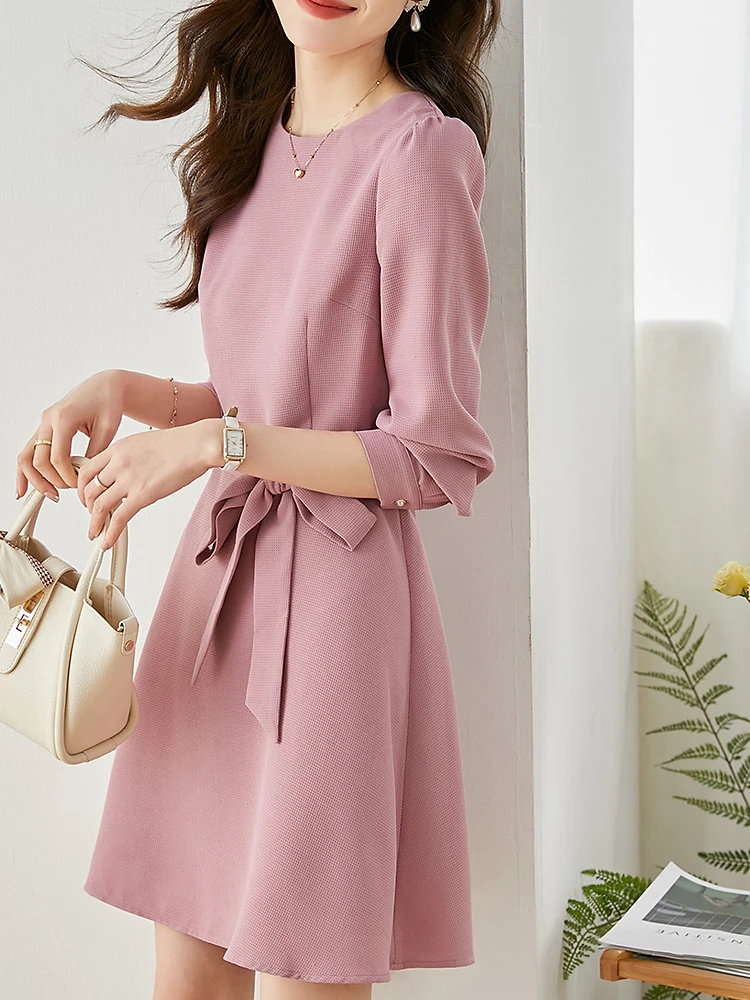 Vimly Vintage Pink Mini Dress for Women Spring 2023 New Korean Style Long Sleeve A Line Slim Belt Birthday Dresses Robe V7798