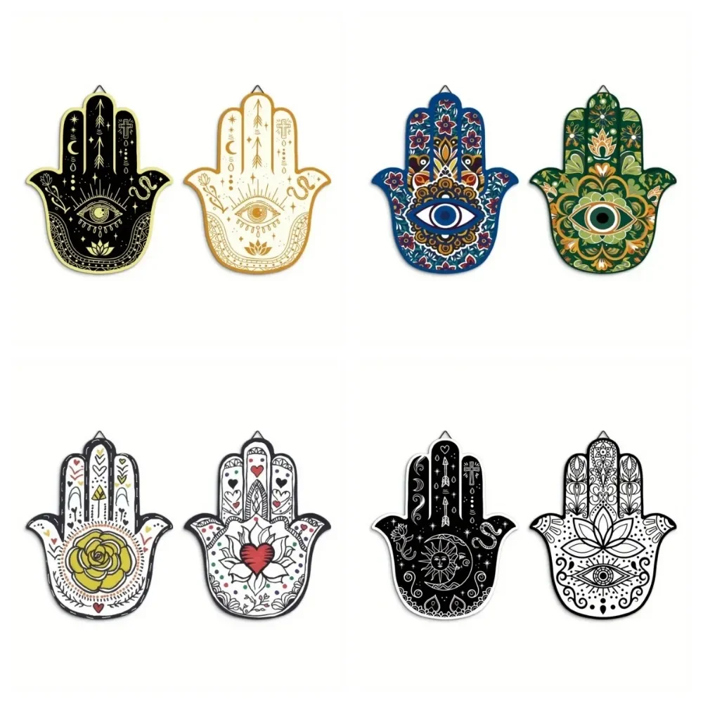 2 Pcs Hamsa Hand Wooden Wall Art Set,Hanging Decor for Home,Living Room,Farmhouse,Cafe,Gift,Hamesh Hand of Fatima Hanging Decor