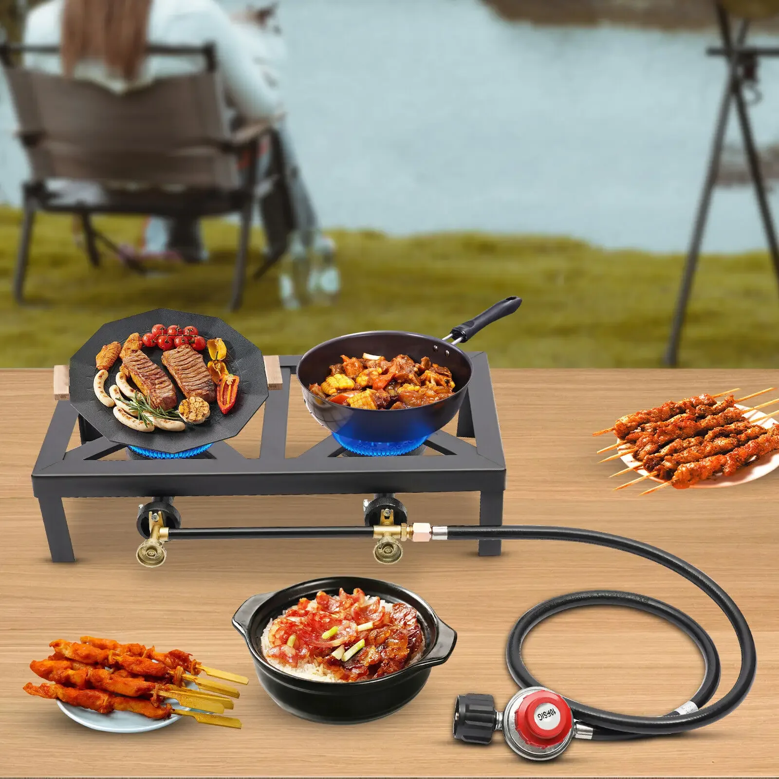 

Double Propane Gas Burner Stove Camping BBQ Cooker Cooking With Regulator Hose