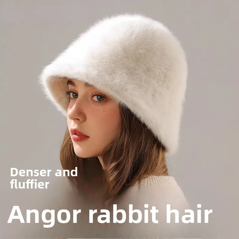 Fashion Classic Angora Rabbit Fur Bucket Hat Women Trend Fluffy Soft Warm Hats Female Winter Soft Decroate Fisherman Cap Ladies
