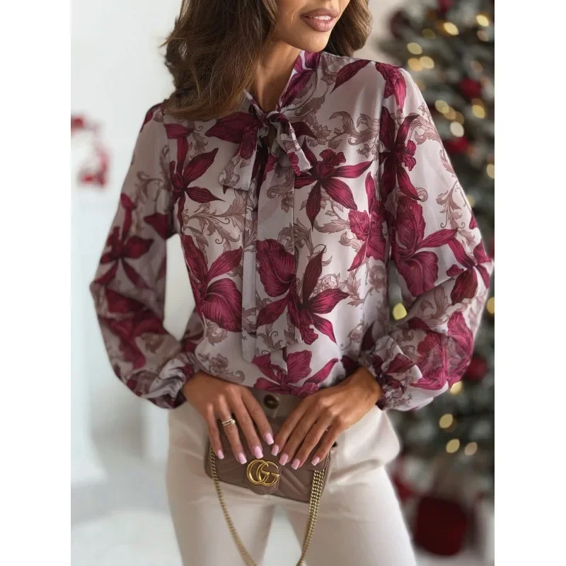 

S-XXL New Women's Fashionable Floral Printed Long Sleeved Blouse Shirt Ladies Casual Collar Bow Pullover Shirt