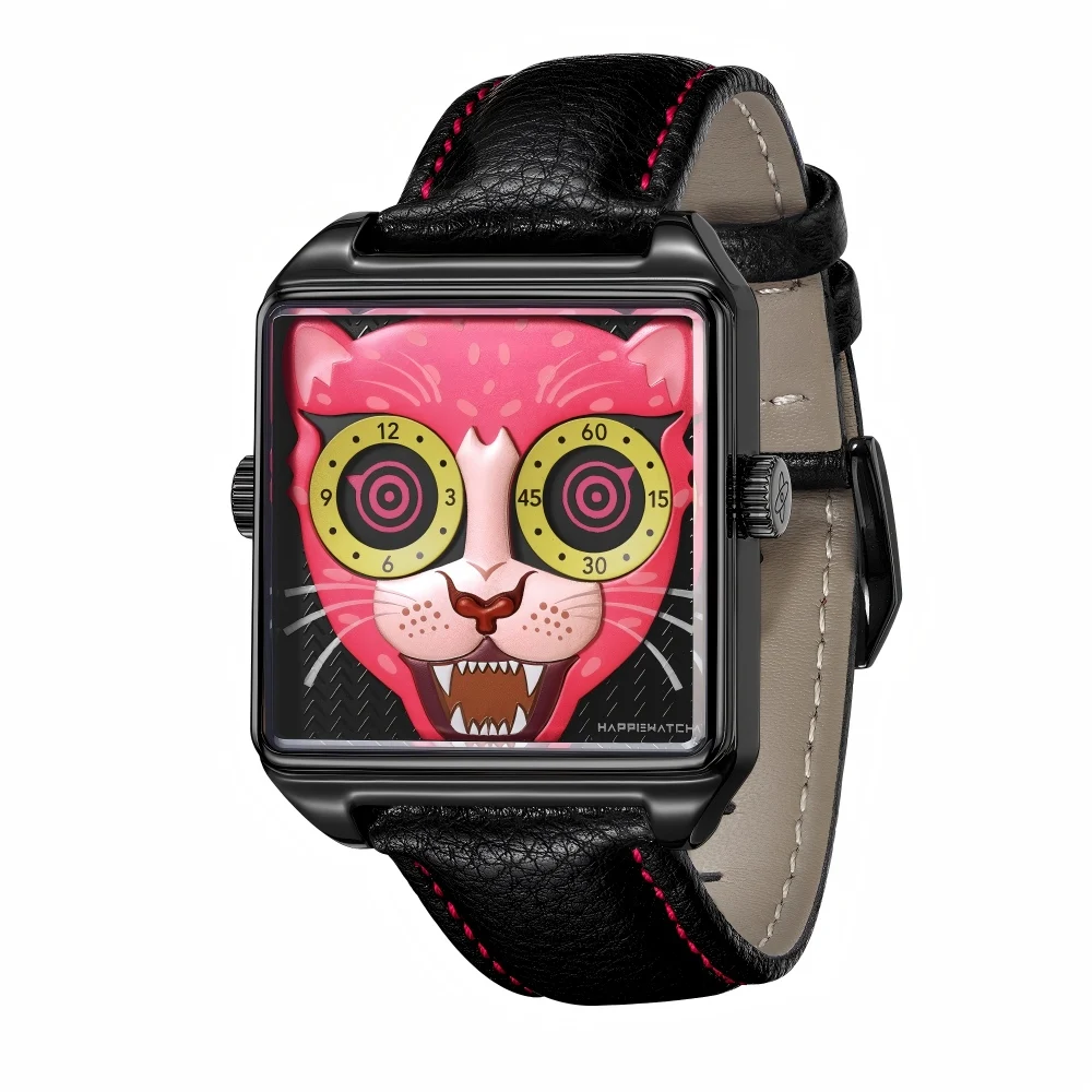 

HappieWatch Unisex Leather Strap Stainless Steel Case Panther Pop Style Timepiece for Men And Women