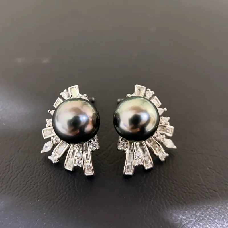 

SGARIT Natural Seawater Tahiti Black Pearl Earrings 8-9mm 925 Sterling Silver Flower Stud Earrings Fine Jewelry for Women