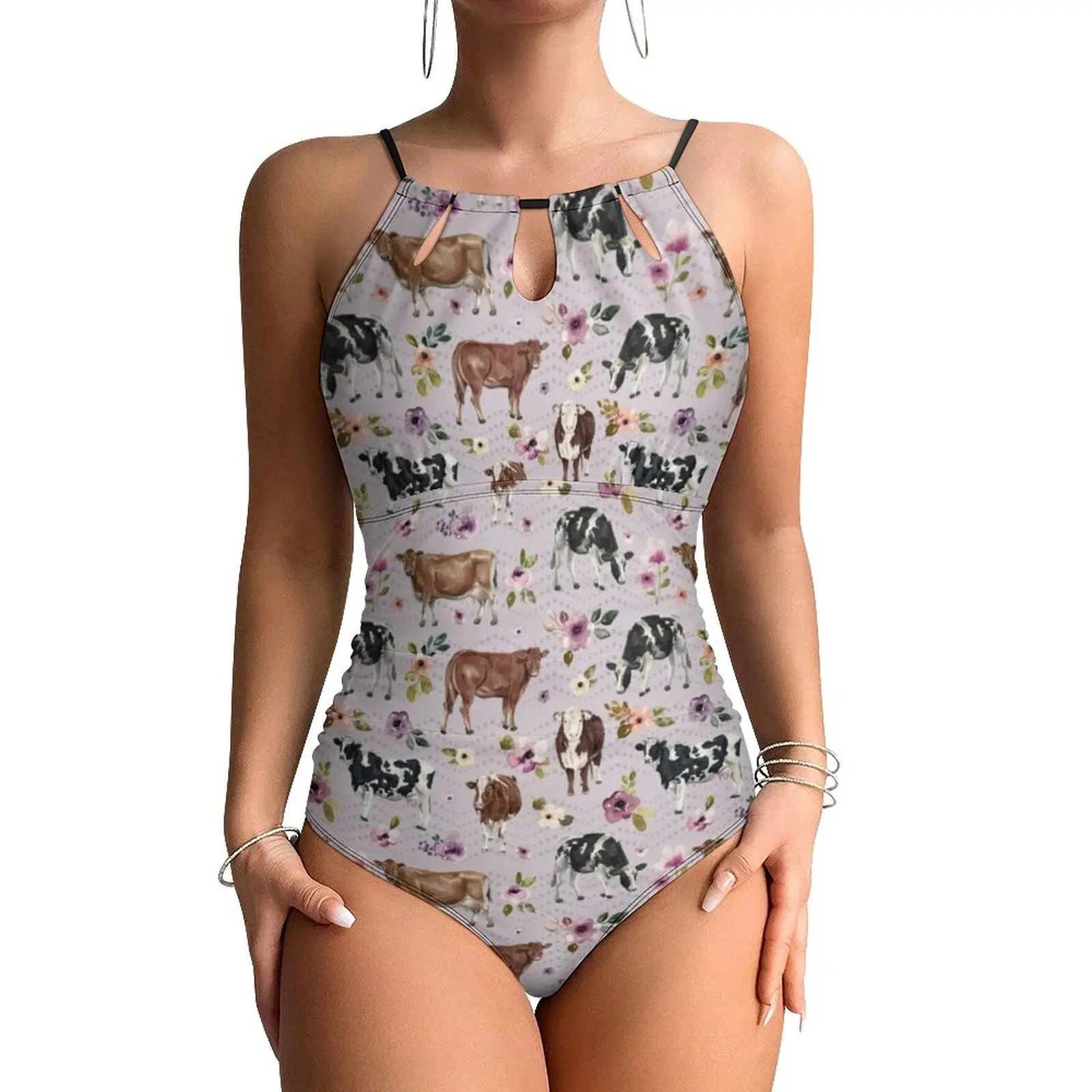 

Cow And Flower Swimsuit Watercolor Floral One-Piece Swimwear Push Up Trend Bathing Suits Sexy Holiday Rave Custom Beach Outfits