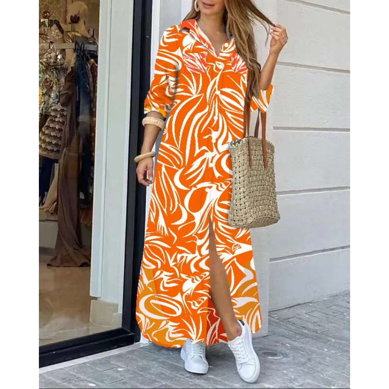 2023 Bay AliExpress New Fashion Long Sleeve Printed Shirt Skirt Long Dress (Positioning Flower) Traf Official Store Summer Dress