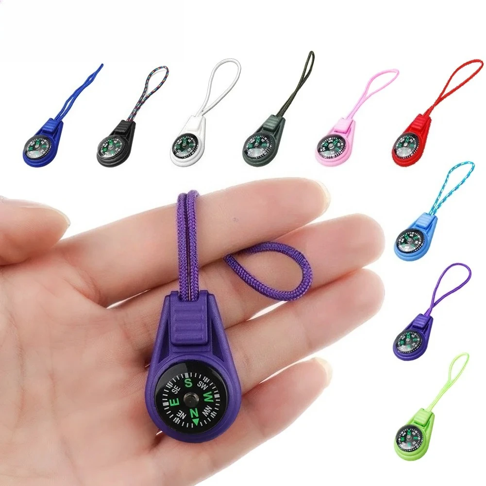 10 Peças Chaveiro de Sobrevivência Colorido com Puxador de Zíper e Mini Bússola para Mochila, Acampamento, Caminhada, Navegador de Bolso e Ferramenta de Aventura