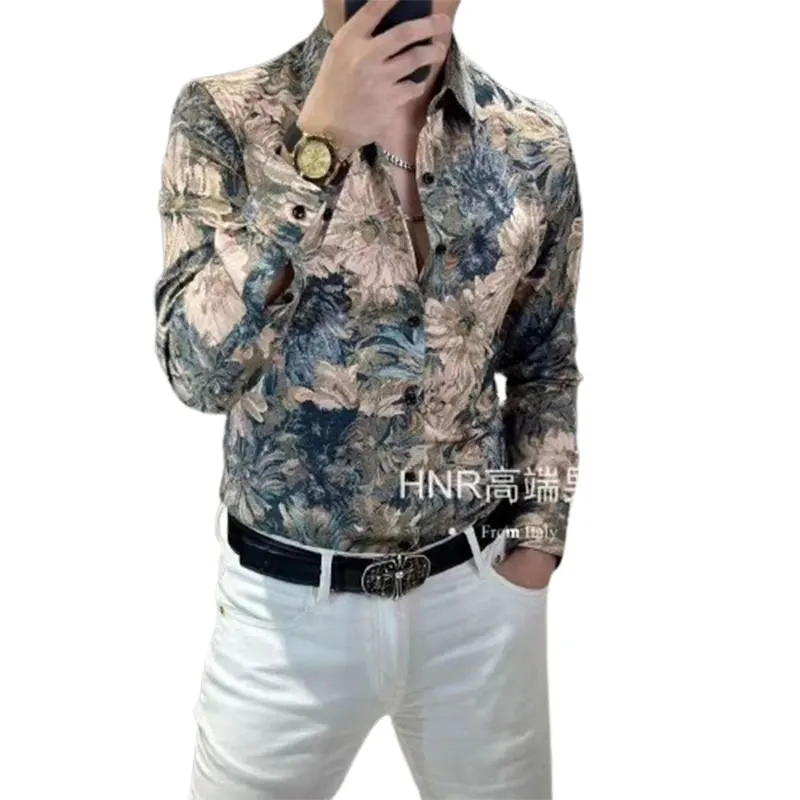 2024 Elegant Fashion Harajuku Slim Fit All Match Shirt Square Neck Printed Button Long Sleeve Outerwear Loose Sport Ropa Hombre