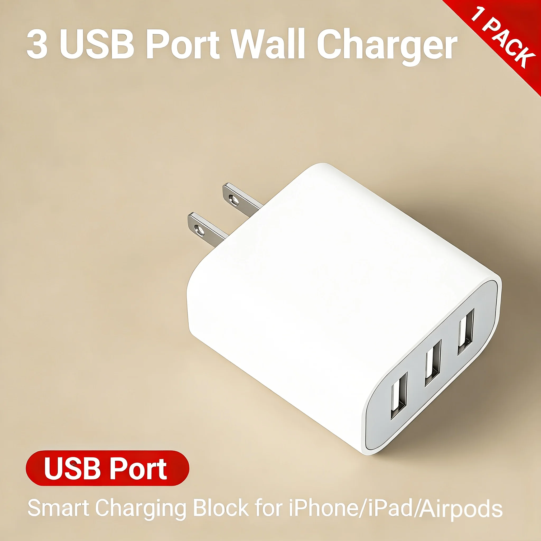 3USB Wall Charger,US Plug Charger with Design-Space-Saving Plug,3-Port Smart Charging Block,For iPhone 18 17,For Galaxy,For iPad