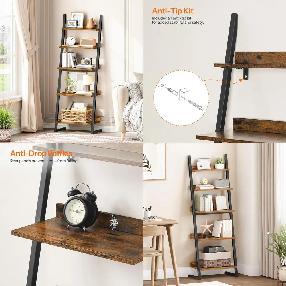 

5-Shelf Narrow Ladder Bookshelf, Compact Storage Unit, Ideal for Living Spaces, Study Rooms, Balconies, in Rustic Brown and Blac