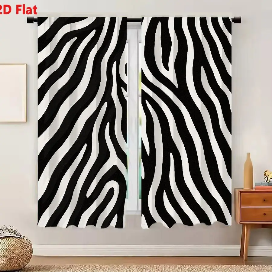 2Pcs Curtains 2D Flat Black And White Zebra Fur Pattern Wavy Stripes Dynamic Flowing Design Background Repeat Pattern Window Dra