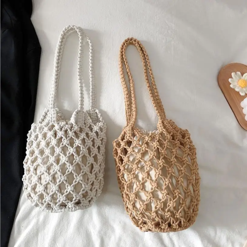 

Retro Lightweight Hollow Fishnet Beach Bucket Handbag Women Woven Shoulder Bag Fashion Summer Beach Shoulder Handbags