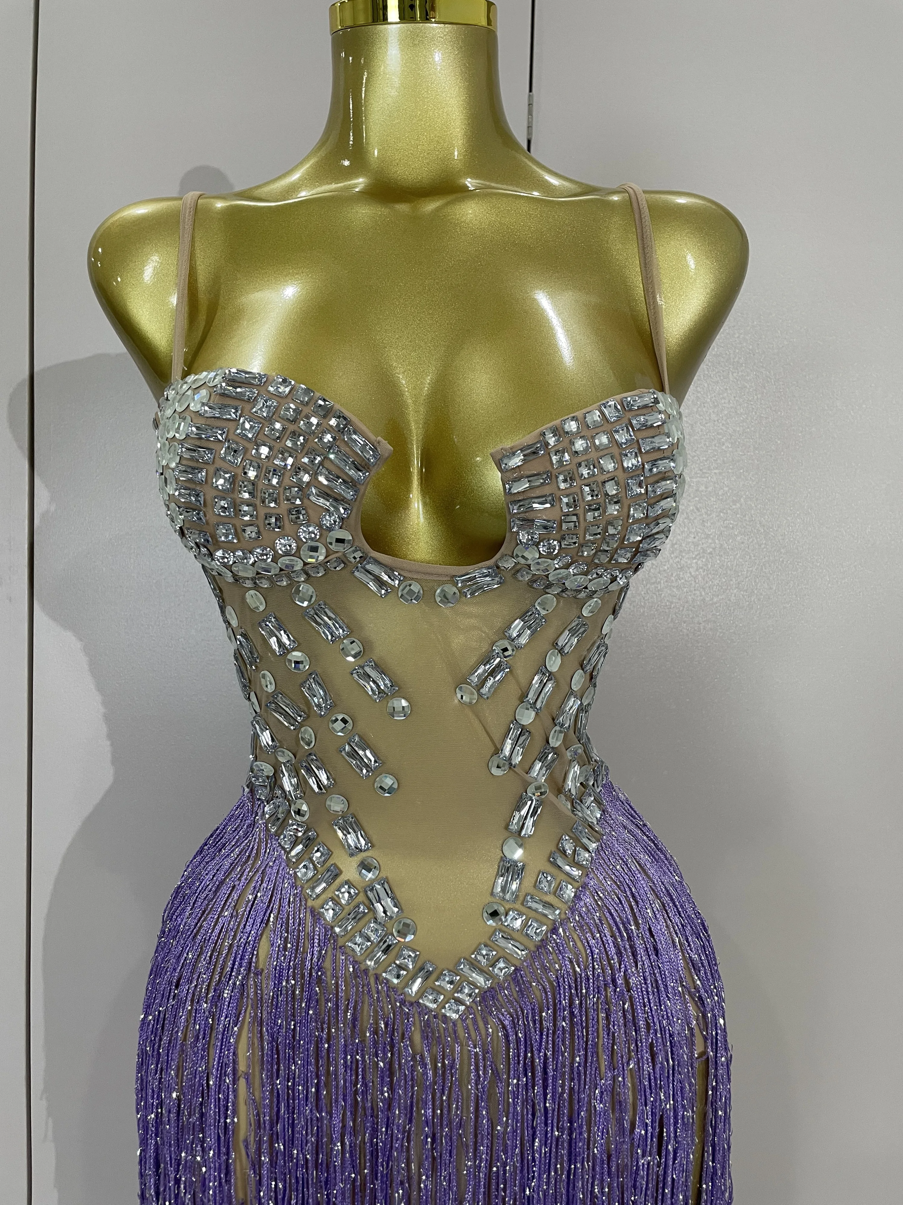 Robe longue transparente en maille pour femmes, Sexy, luxe, strass, paillettes, pompon, soirée, bal, discothèque, Costume de scène